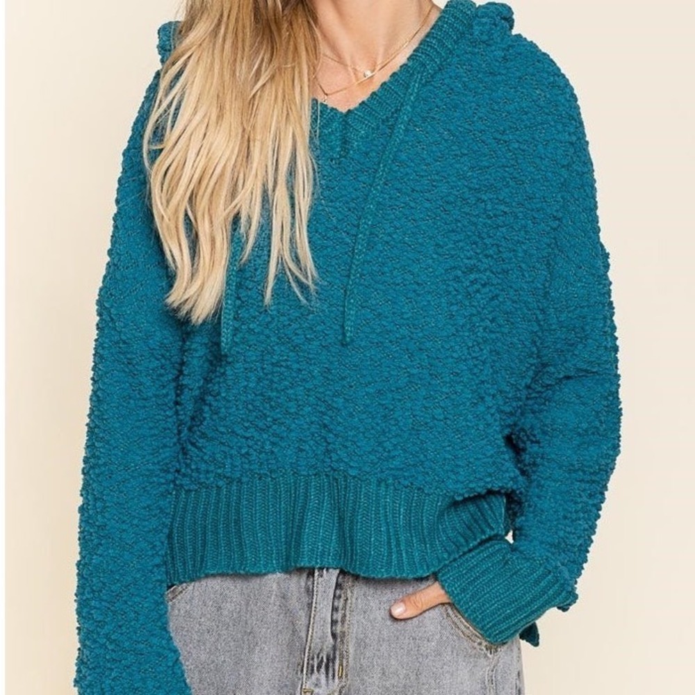 POL Teal Blue Popcorn Knit Hoodie Sweater Textured Oversized Pullover Small - Picture 1 of 8
